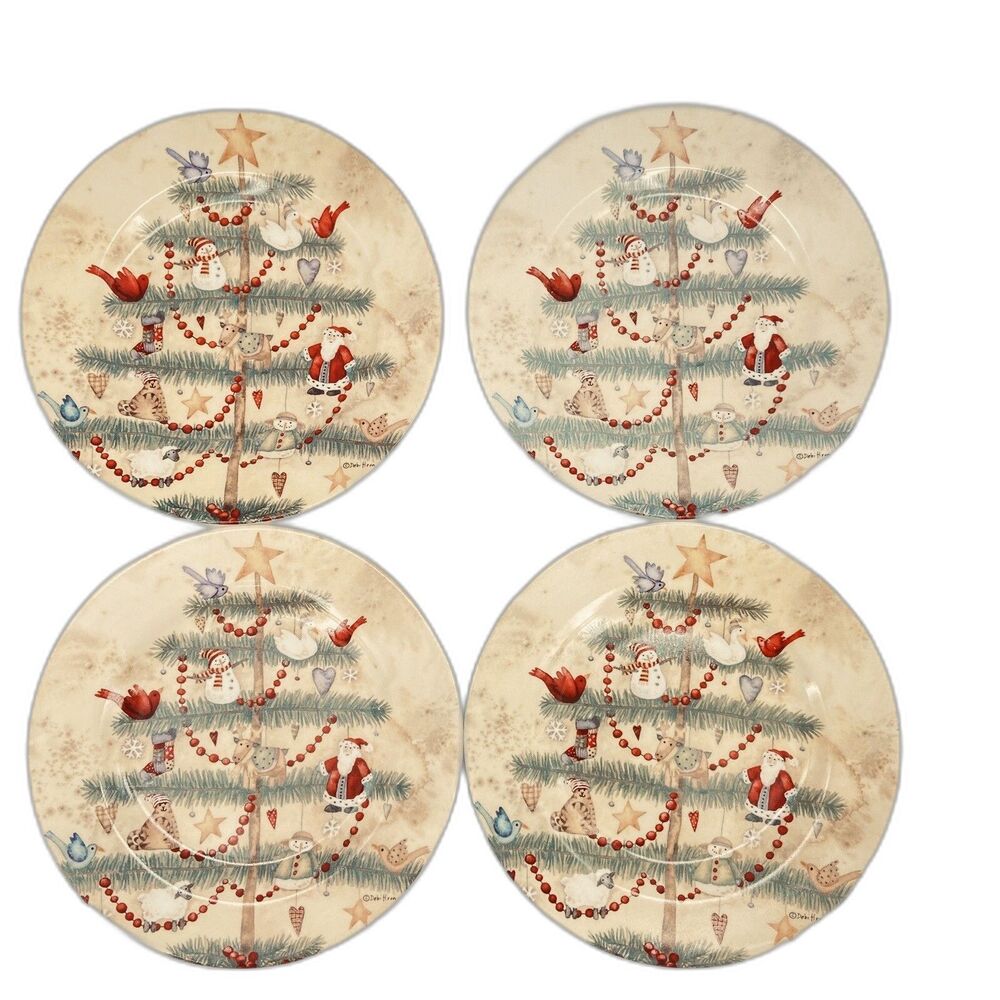 4 Debi Hron 8.25” Plates Holiday Home Xmas Tree Santa Cat Birds Ornaments 2006
